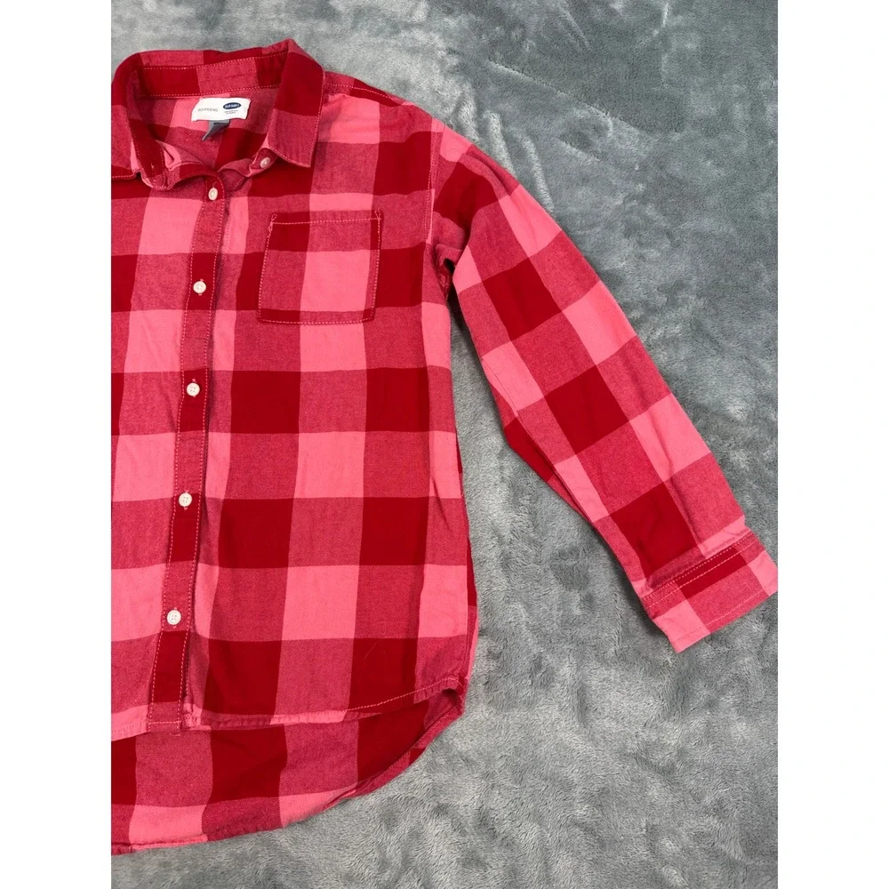 Old‎ Navy Red Pink Buffalo Plaid Boyfriend Button Down Shirt Girls Large 10-12